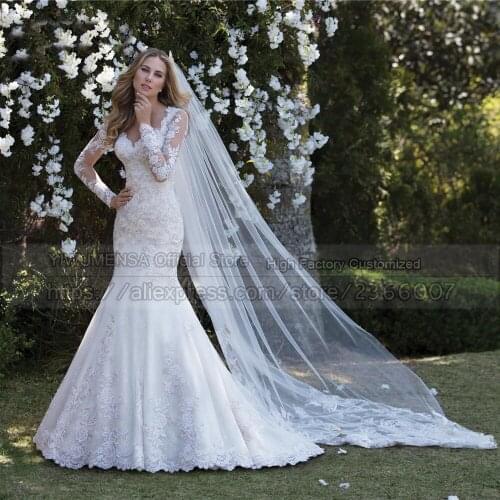 YIWUMENSA Dubai Arican Winter Vinatge Illusion Back Bridal Gown White Ivory Applques O Neck Beaded Mermaid Wedding Dress 2021