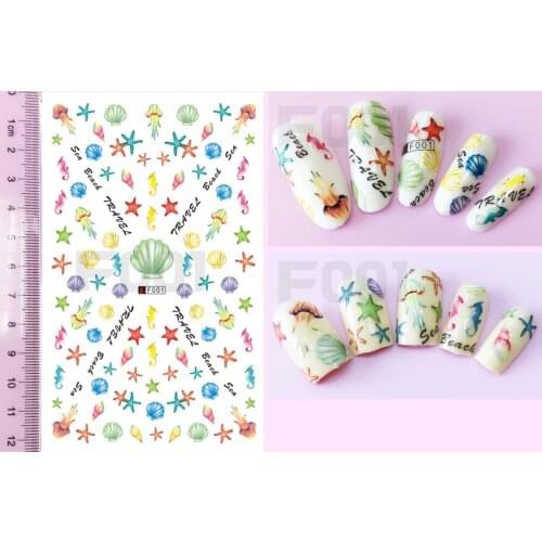 10PCS Ocean Series Shell Mermaid Shark Starfish Color Line Pattern Nail Sticker Nail Slider Decoration Beauty Tool