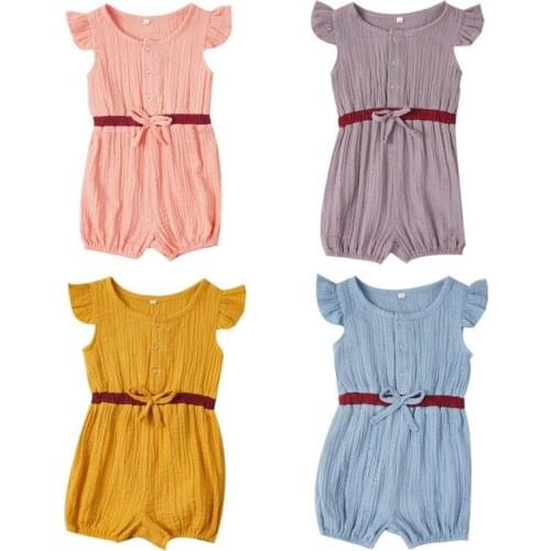 Toddler Romper Baby Girls Drawstrings Romper 2020 New Summer Solid Button Fly Sleeve Ruffles Romper Jumpsuit Infant Girl Clothes