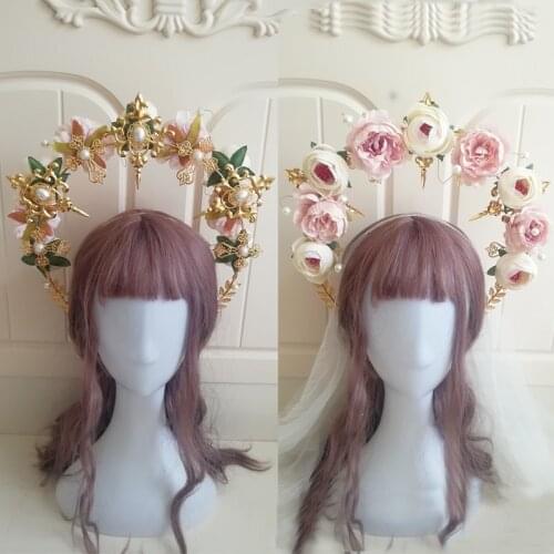 Lolita Fairy Princes Sun Goddess Angel KC Halo Headpiece Rose Flolwer Crown Baroque Tiara Headband Gothic Accessories