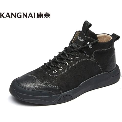 KANGNAI Men Boots Genuine Leather High Top Casual Shoes Lace-Up Warm Winter Footwear Female Chunky Flats