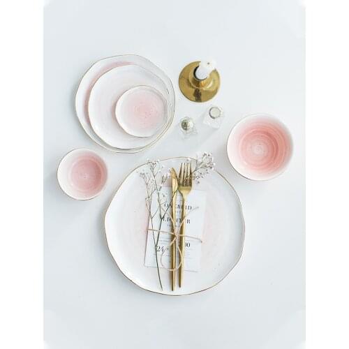 Nordic Ceramic Dinner Plates Handmade Golden Stroke Irregular Daily Tableware Hotel Restaurant Western Food Steak Pasta Plate