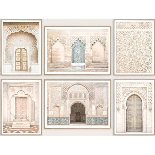 Moroccan Door Wall Art Bohemian Arabic Calligraphy Canvas Panting Islamic Architecture Poster Print Wall Pictures Boho Decor