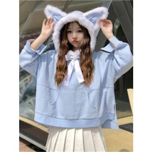 Cute Ear Spring Women Hoodies Japanese Cat Girl Harajuku Sweatshirt Winter Female Tops Shirts Loose Kawaii Outwear Swearshirt