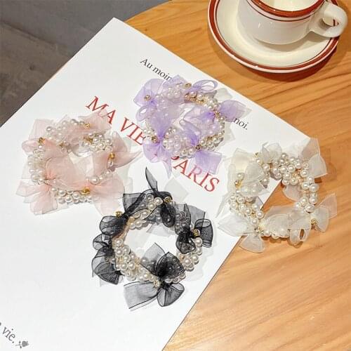 New Lace Bow Knot Head Rope Pearl Hair Ring Girl High Elasticity Tie Hair Rubber Band Back Head Hair Accessories