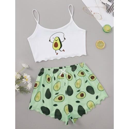 New Style Fashion Lady Summer Cartoon Avocado Print Camisole With Shorts Pajama Set Comfort INS Home Wear Sleepwear Underwear