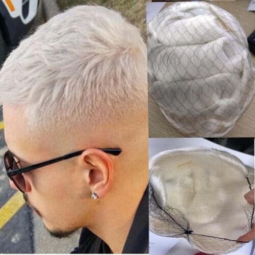 8*10 Short Skin PU Base Human Hair Transparent Toupee Men Full PU White Hair Replacement Systems Wig Male Prosthetic hair Unit