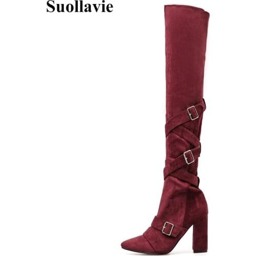 Suollavie Fashion 2021 flock Over-the-Knee women boots sexy solid boots buckle shoes woman pionted toe dress Female high heels