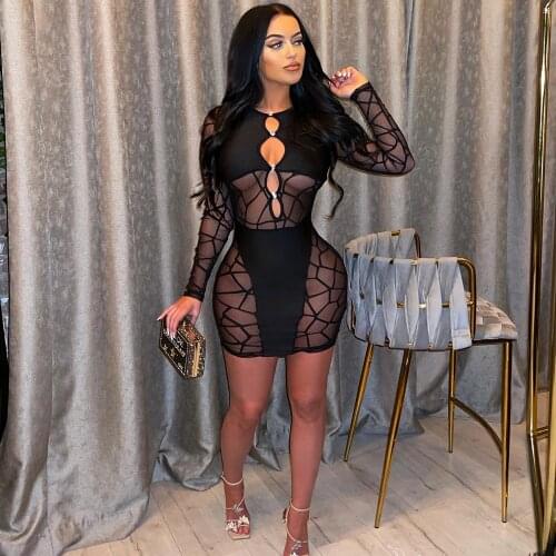 Vintage Mesh Yarn Rose Print High-waist Short Dress Women Long-sleeved Bodycon Dress Party See Through Sexy Stacked Mini Dress