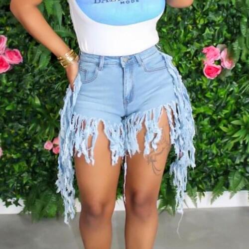 Tassel Denim Shorts Women Elastic High Waist Sexy Rave Short Jeans Casual Biker Shorts Streetwear