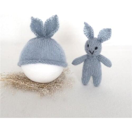 Light Grey Stuffed Bunny Toy Mohair Bunny Knit hat and Toy Set Cute Rabbit Christmas Gift Photography Prop Cap Animal Bonnet