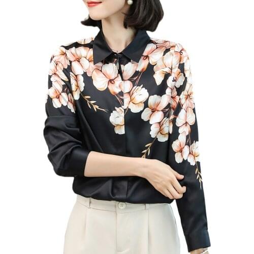 2021 Summer Fashion High Quality Mulberry Silk Printed Woman Casual Blouses Ladies Elegant Turn Down Collar Shirt Factory Supply