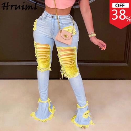 Female Clothing Pants for Women Hook Flower Hollow Fashion Hot Sale Women Pants 2021 Streetwear Yellow Tassel Decorated Jeans