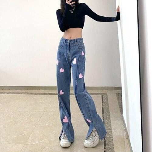 Vintage Gothic Cut Out Holes Chain Straight Jeans Women Split High Waist Long Denim Pants Summer Casual Streetwear 2021