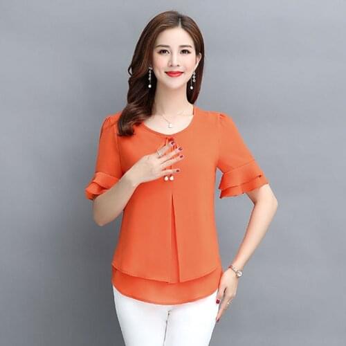 Women Spring Summer Style Chiffon Blouses Shirts Lady Casual Short Sleeve Solid Color O-Neck Blusas Tops DF2645