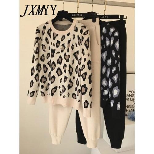 Streetwear Leopard Printed Knit Two Peice Suit Women Long Sleeve O-Neck Sweater Tops + Solid Color Harem Pants Casual Tracksuit
