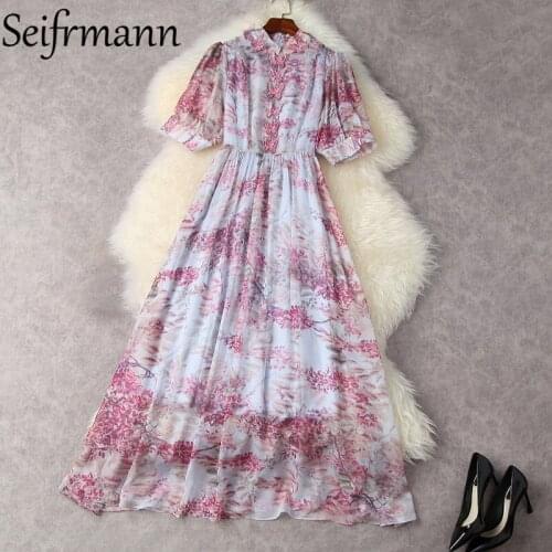 Seifrmann New 2021 Summer Women Fashion Designer Party Long Dress Bow Embroidery Vintage Printed Lantern Sleeve Ladies Dresses