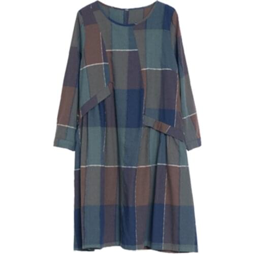 Cotton Large Size Ladies Dress Literary Retro Loose Lattice Vestidos Fashion Long Sleeve Round Neck Women Dress A786