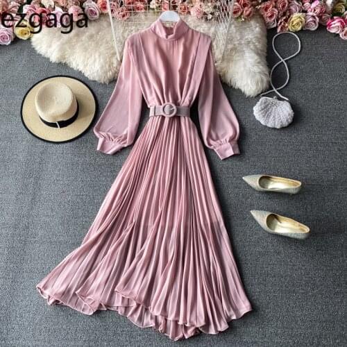 Ezgaga Office Lady Elegant Dress Women Stand Collar Long Lantern Sleeve Pleated Loose Fashion Bandage Dress Women Vestidos