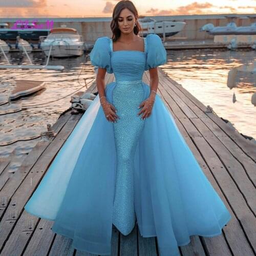 2021 Arabic Mermaid Evening Dresses With Detachable Train Lace Beaded Sexy Short Sleeves Prom Dress Women Formal Gowns