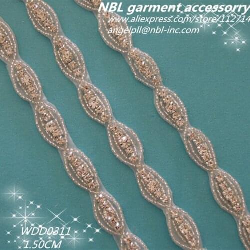 10 YARDS) 1.50cm wholesale bridal applique iron on rhinestone beaded trim for wedding dress sash headband WDD0311