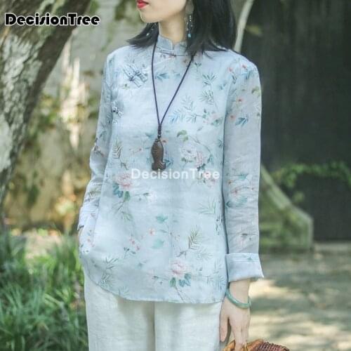 2021 traditional chinese shirt clothing for women printing qipao elegant blouse vintage cheongsam blouse oriental linen shirt