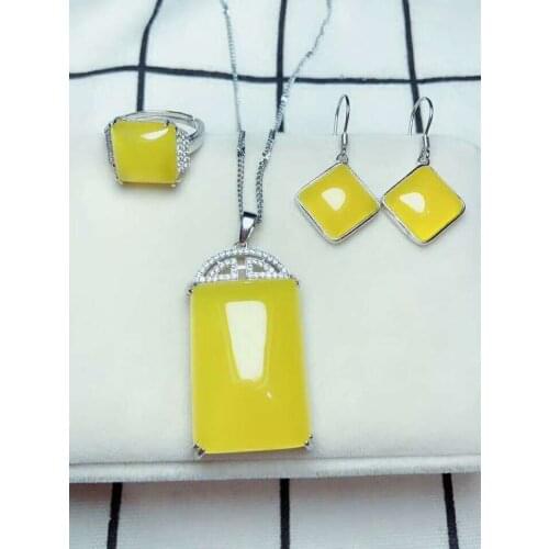 C5#925 silver inlaid natural chalcedony set, the jade face is clean and translucent