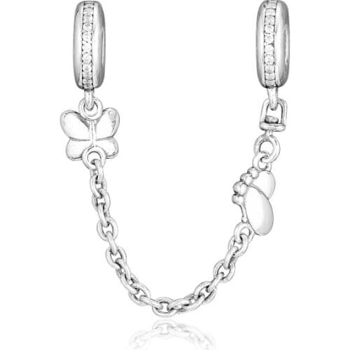 Fits For Pandora Bracelets Decorative Butterflies Safety Chain Beads 100% 925 Sterling-Silver-Jewelry Beads Free Shipping