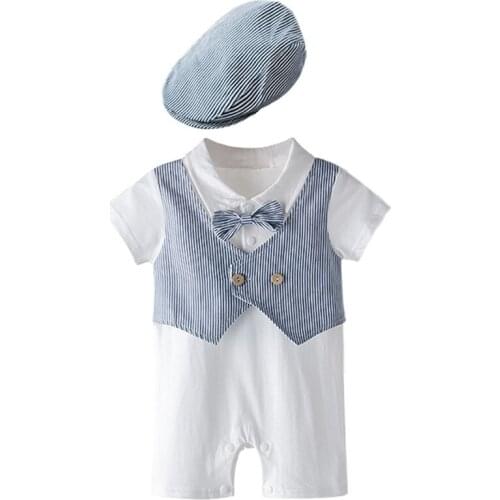 Baby childrens clothing boy gentleman rompers + hat robe striped short-sleeved jumpsuit / romper + cap