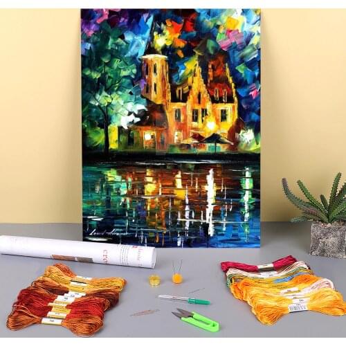 Town By Riverside Printed Canvas 11CT Cross-Stitch Patterns Embroidery DMC Threads Knitting Sewing Handicraft Craft Needle