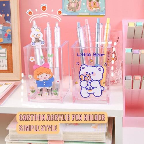 Kawaii Acrylic Square Desk Organizer Pen Holder Students Stationery Pencil Cases Table Pen Holder Organizer Girls Heart Storage