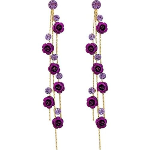 Korean Fashion Red Rose Flower Long Drop Earrings for Women Crystal Tassel Dangle Earring Wedding Party Jewelry Accessories Gift