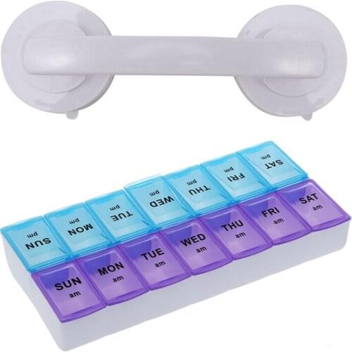 Seven Day AM & PM Pill and Tablet Storage Box with 14 Compartments & Vacuum Sucker Suction Cup Safety Grab Bar Handle