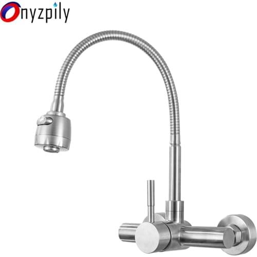 Onyzpily Free Shipping Brushed Kitchen Faucet Wall Mounted Two Models Hot&Cold Water Sink Faucet 360 Rotation Sprayer Taps