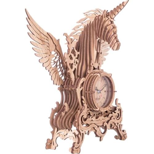 71Pcs DIY Wooden 3D Unicorn Animal Table Clock Model Building Kits Clock Puzzle Model Kit Laser Cutting - Oak Color