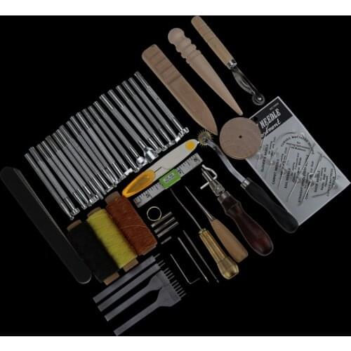 Leather Craft Punch Tools Kit Stitching Carving Working Sewing Saddle Groover Thread Awl Waxed Thimble Kit