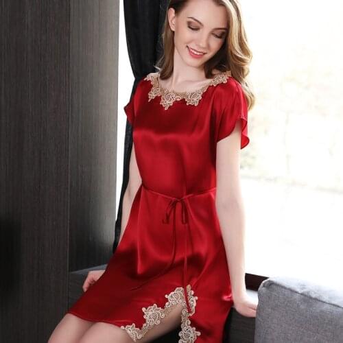 Genuine Silk Nightgowns Red Female Summer New Heavy Silk Sleepwear Women Short-Sleeve Sexy Lace Elegant Sling Sleeping Dress