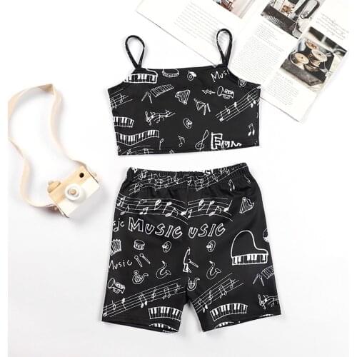 Two Pieces Casual Outfits Kids Girls Musical Note Print Spaghetti Straps Camis Tops Elastic Waist Shorts Sport Outfits Beachwear