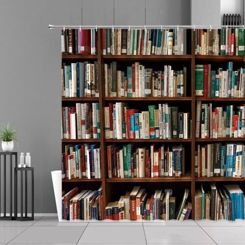 Retro Wooden Bookshelf Shower Curtain Wood Grain For Bathroom Perforated Decoration Curtains 3D Set Bathroom Things For Home