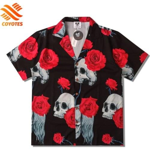 COYOTES Summer Rose Skull Head Print Casual Shirts Men Hong Kong Style Retro Loose Short Sleeve Jacket Shirt Women Streetwear