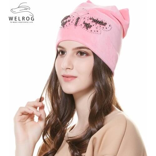 WELROG Autumn Butterfly Rhinestone Skullies Hats Iron Drilling Beads Cat Ears Warm Outdoors Beanies Caps Ear Protected Women Hat
