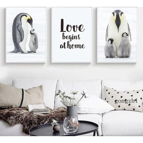 Warm Penguin Lovely Family Nordic Poster Funny Animal Canvas Painting and Prints Pop Wall Art Picture for Living Room Home Decor