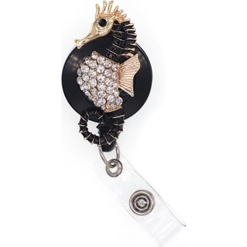 50pcs/lot Rhinestone Crystal Enamel Animal Shape Seahorse Retractable Badge Reel Nurse ID Name Card Holder