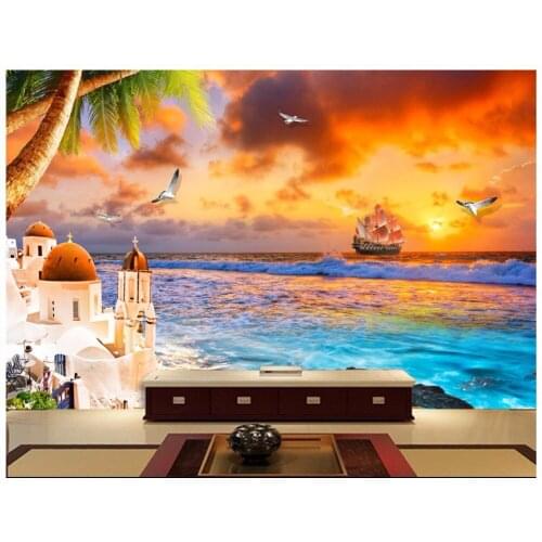 High-end custom photo wallpaper 3d murals Mediterranean mural Beach scenery sunset 3D TV wall paper Living Room wallpaper decor