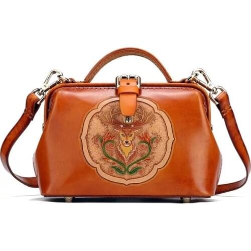 Vintage Genuine Leather Engraved Deer Designer Womens Small Clutch Purse Doctor Bag Handmade Tan Color Lady Cross Shoulder Bag