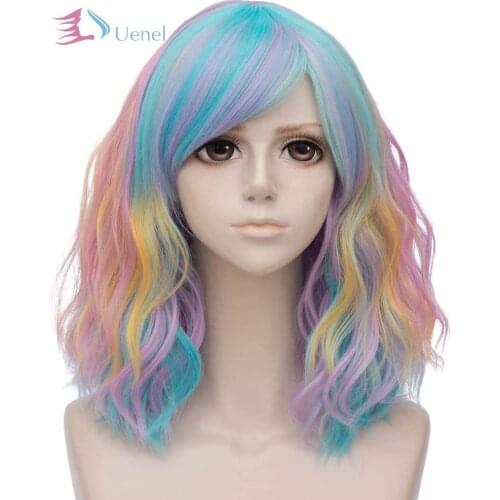 Uenel Women Rainbow Wigs Colored Bangs Wigs Short Bob Wavy Hair Wig Pastel Lolita Wigs for Party Cosplay Halloween