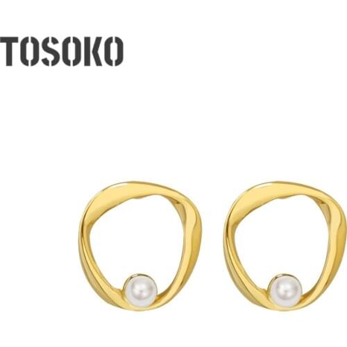 TOSOKO Stainless Steel Jewelry Ins Irregular Geometry Imitation Pearl Earrings Elegant Female Earrings BSF398