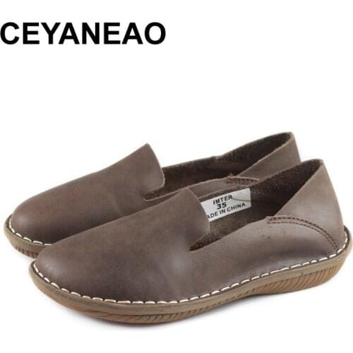 CEYANEAO Women shoes flat shoes square head flat heel genuine leather flat shoes women player flat shoes 2020soft comfortable