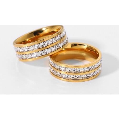 Double Layer Zircon Ring Jewelry Full Crystal Diamond 18K Gold Plated Stainless Steel Finger Rings For Women