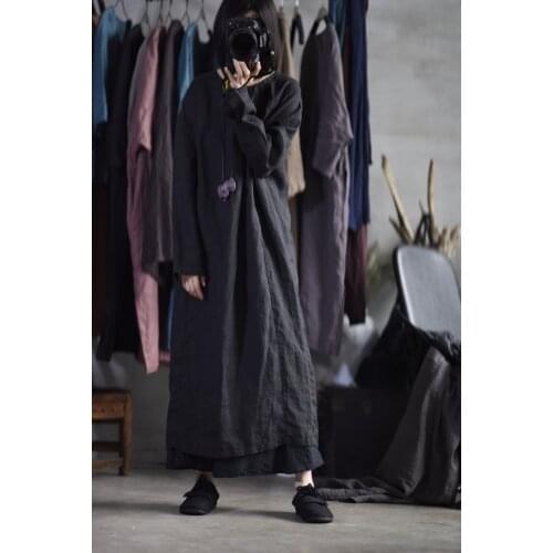 Women Vintage Ramie Dress Ladies Solid Color Robes Female Loose Ramie Dresses 2020 Autumn Spring Dress